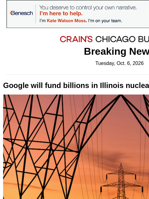 crainalerts newsletter: Google to fund Illinois nuke upgrades