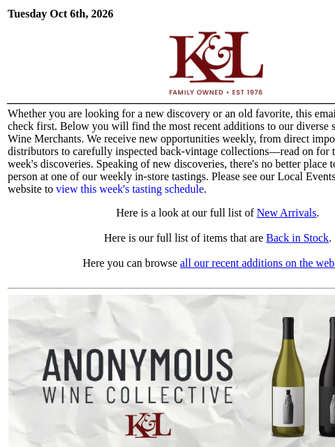 klwines newsletter: The Latest from K&L: New Adds and Back In Stock
