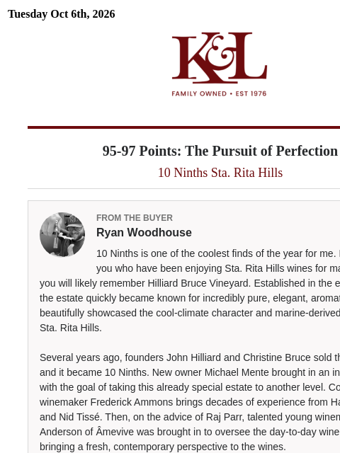 klwines newsletter: 95-97 Pts & Up to 50% Off: Luxurious Sta. Rita Hil...