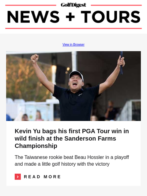 PGA Tour winner unleashes on Old Course Road Hole … 'blow it up' GolfDigest View in Browser Kevin Yu Kevin Yu bags his first PGA Tour win in wild finish at the Sanderson Farms Championship The