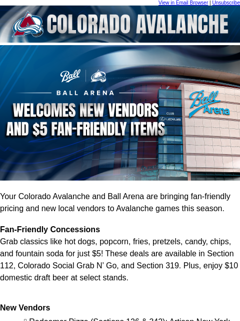 thecoloradoavalanche newsletter: ⛰️New Food and $5 Favorites at Ball Arena