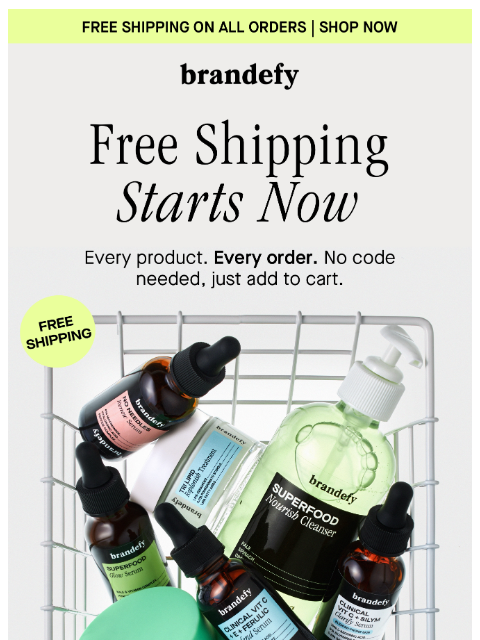 brandefyskin newsletter: FREE shipping for a limited time only