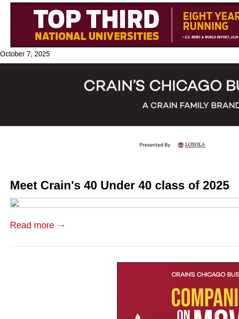 crainalerts newsletter: 40 Under 40 for 2025