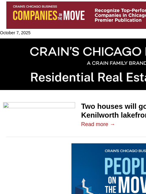 crainalerts newsletter: Luxury builder splits Kenilworth lakefront propert...