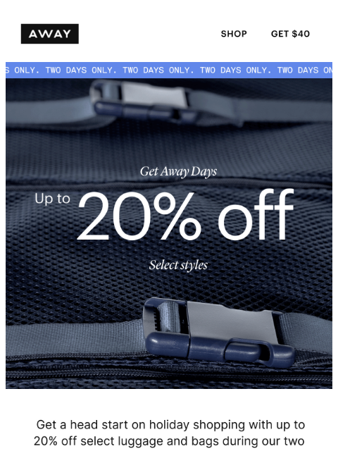 awaytravel newsletter: Two days only: up to 20% off