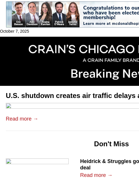 crainalerts newsletter: O’Hare plagued with delays from shutdown