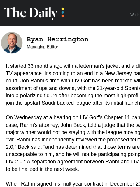 golfdigest newsletter: BREAKING: Jon Rahm leaving LIV Golf
