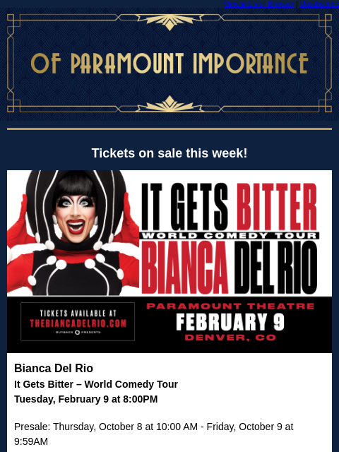 kroenkeentertainment newsletter: Just Added: Bianca Del Rio + Enter To Win: The Mus...