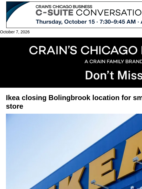 crainalerts newsletter: Ikea swaps suburbs