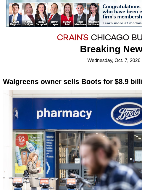 crainalerts newsletter: Walgreens' U.K. chain sold for $8.9B