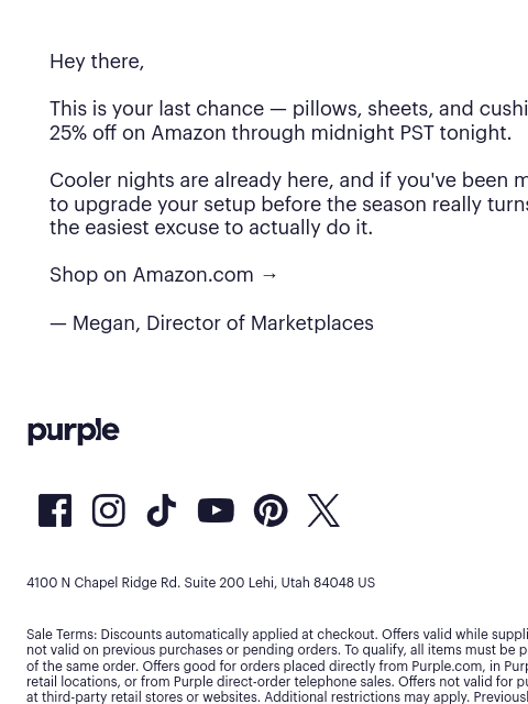 purple newsletter: LAST CALL — Up to 25% off ends at midnight