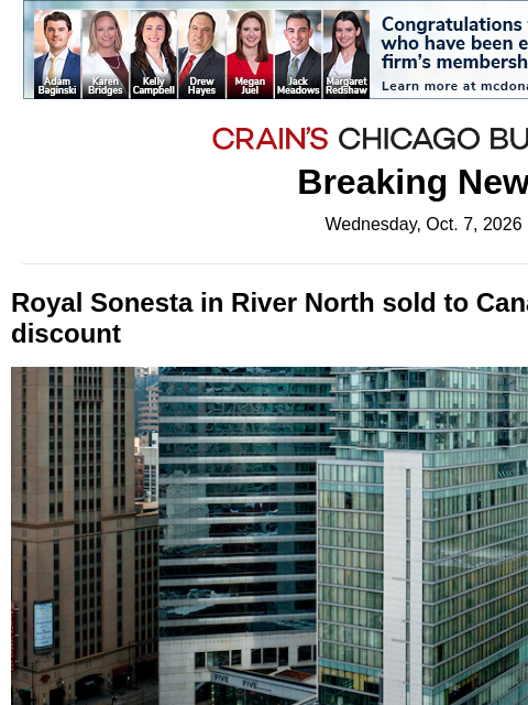 crainalerts newsletter: Royal Sonesta hotel sold at a discount