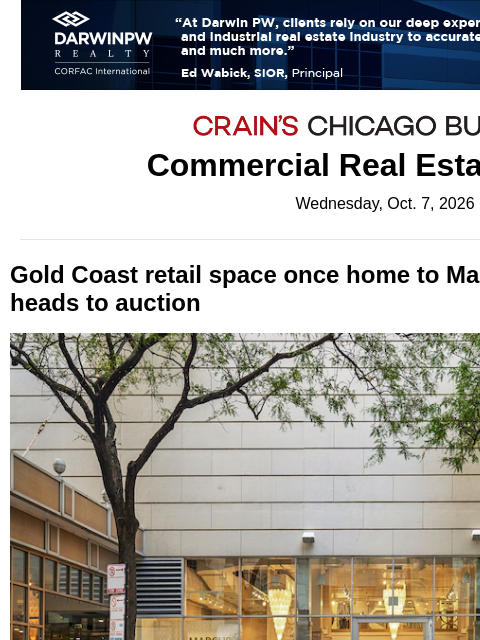 crainalerts newsletter: Vacant Gold Coast storefront heads to auction