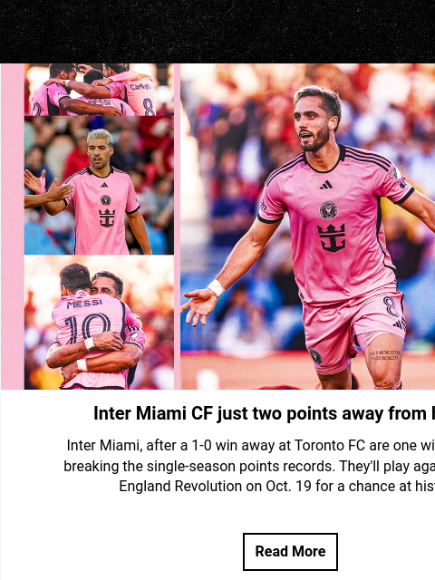 Audi 2024 MLS Cup Playoffs races start to tighten Hero Image Inter Miami CF just two points away from history Inter Miami, after a 1-0 win away at Toronto FC are one win away from breaking the single-