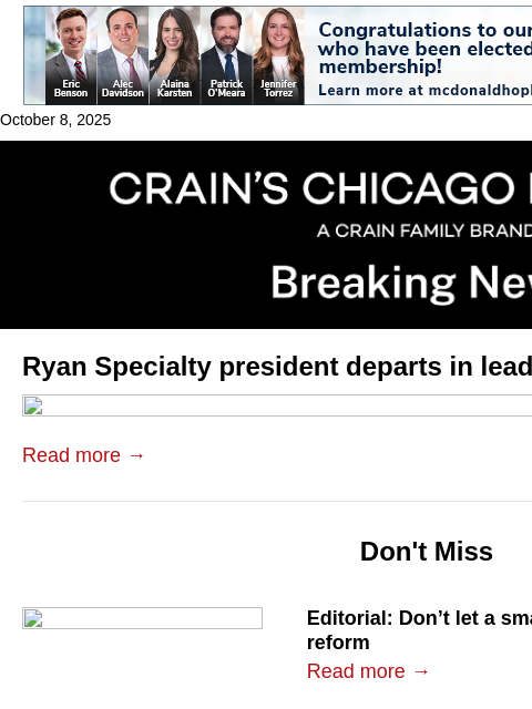 crainalerts newsletter: Ryan Specialty changes up leadership again