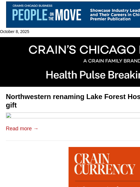 crainalerts newsletter: Northwestern hospital renamed after Griffin gift