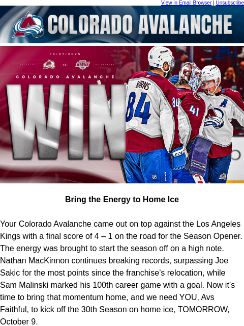 thecoloradoavalanche newsletter: ⛰️Avalanche Open the Season With a Win