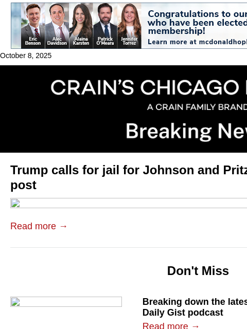crainalerts newsletter: Trump calls for jail for Johnson, Pritzker in Trut...