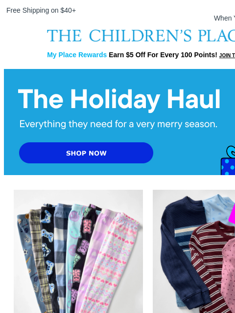 childrensplace newsletter: Merry Deals! $14 pj pants + $10 & under long sleev...