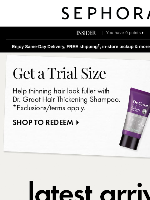 sephora newsletter: FREE Dr. Groot trial size with your min. spend 💫