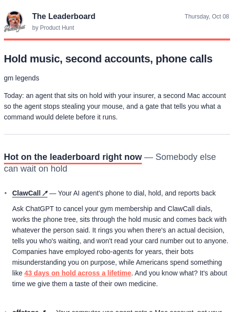 producthunt newsletter: 😸 ClawCall cancels your gym membership