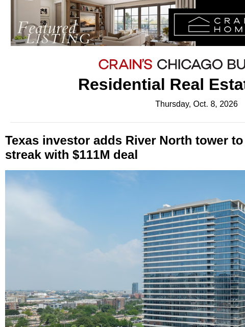 crainalerts newsletter: River North apartment tower sells at a premum