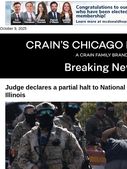 crainalerts newsletter: Judge issues partial halt to National Guard deploy...
