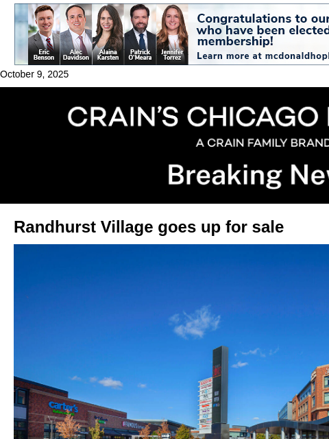 crainalerts newsletter: Randhurst Village up for sale