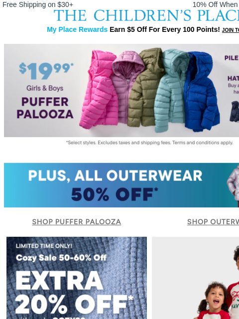 childrensplace newsletter: $19.99 Puffer Palooza + Hoods — New This Year!