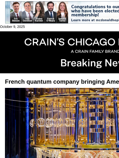 crainalerts newsletter: French quantum company bringing U.S. headquarters ...