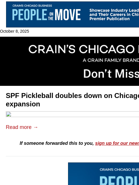 crainalerts newsletter: SPF Pickleball bets big on Chicago