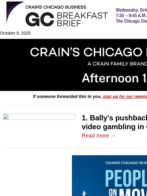 crainalerts newsletter: Bally's pushback halts video gambling vote