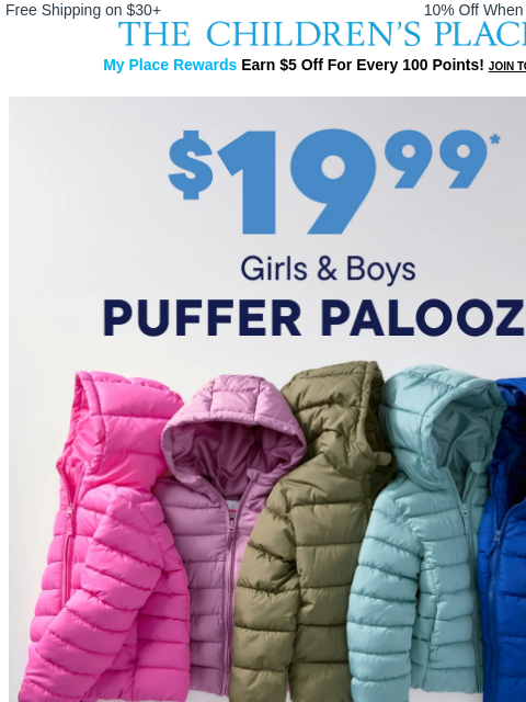 childrensplace newsletter: ❄️ Puffer Season Starts NOW — $19.99 Hooded Jacket...