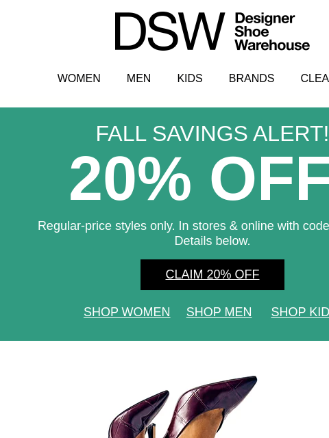 dsw newsletter: 20% off dressy fall styles