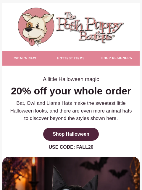 poshpuppyboutique newsletter: Halloween Animal Hats: 20% Off with FALL20