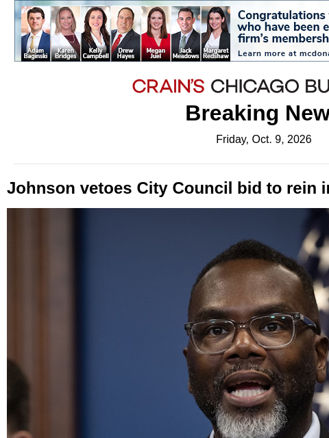 crainalerts newsletter: Mayor vetoes Council's bid to rein in his borrowin...