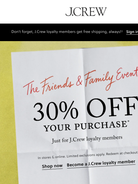 jcrew newsletter: Shop 30% off your purchase while you can!
