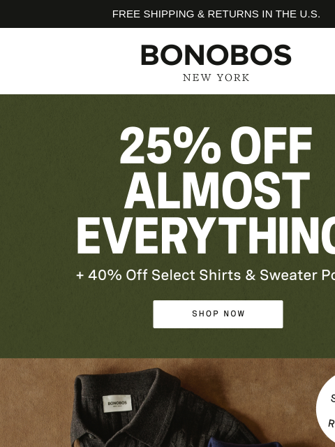 bonobos newsletter: 40% Off Fall Shirts and Sweater Polos