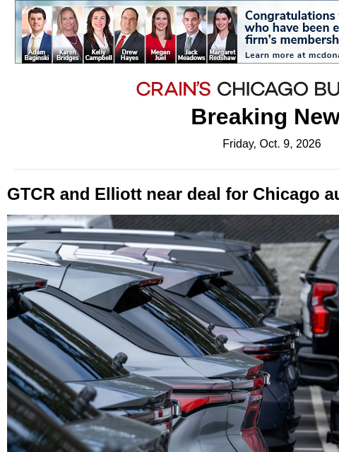 crainalerts newsletter: GTCR nears deal for Chicago's tech firm CCC