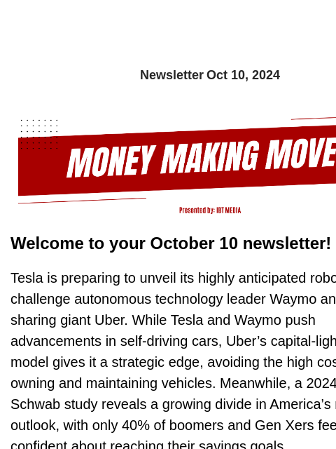 Newsletter Oct 10, 2024 Welcome to your October 10 newsletter! Tesla is preparing to unveil its highly anticipated robotaxi, set to challenge autonomous technology leader Waymo and ride sharing giant