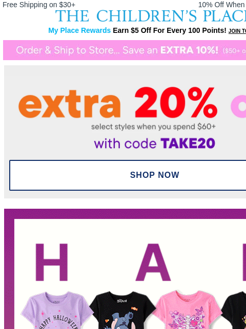 childrensplace newsletter: $2.99 & Up Halloween Tees 👻 w/code TAKE20