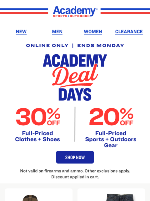 academy newsletter: EXTENDED! 30% OFF Clothes + Shoes | 20% OFF Sports...