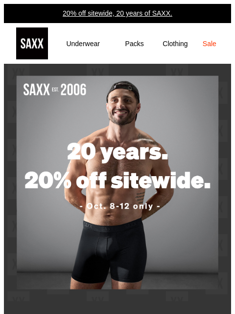 saxxunderwear newsletter: Anniversary sale: 20% off sitewide.