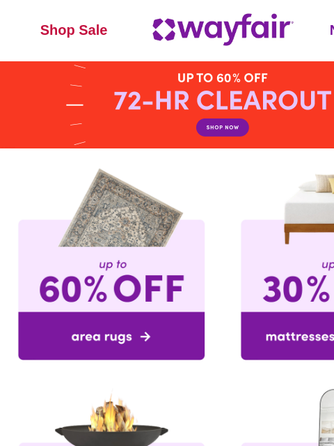 wayfair newsletter: ⏰ 72 hours only: UP TO 60% OFF ⏰
