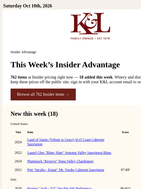 klwines newsletter: Insider's List