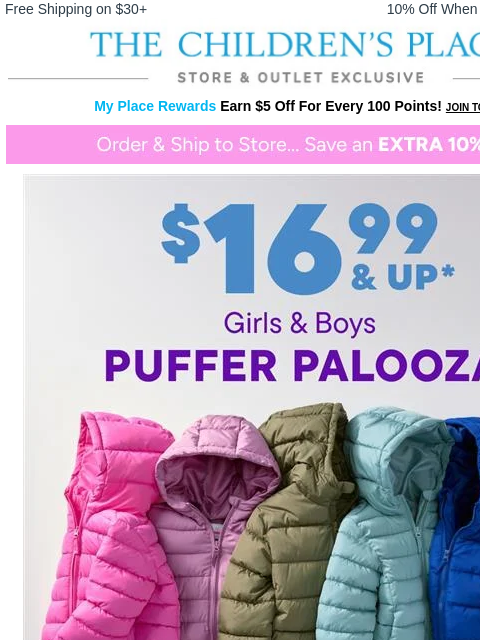 childrensplace newsletter: OMG! Hooded Puffers are NOW $16.99 & up 😱
