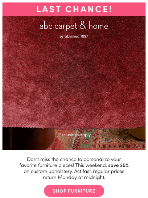 abchome newsletter: ENDING SOON! 25% Off Custom Upholstery