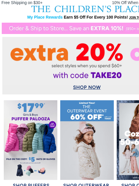 childrensplace newsletter: COZY Season Kickoff w/ 50-60% off SALE