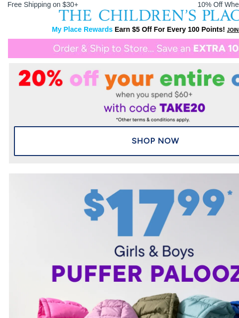 childrensplace newsletter: Don’t Miss It: $17.99 Puffer Jackets with Hoods!