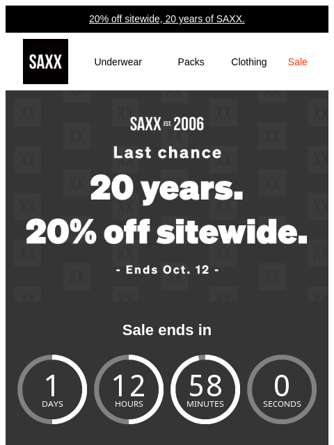 saxxunderwear newsletter: The clock's ticking: 20% off.